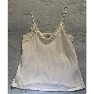 VTG 90s Y2K White Linen Cami Designer Italy Spaghetti Strap Tank Ruffle Small
